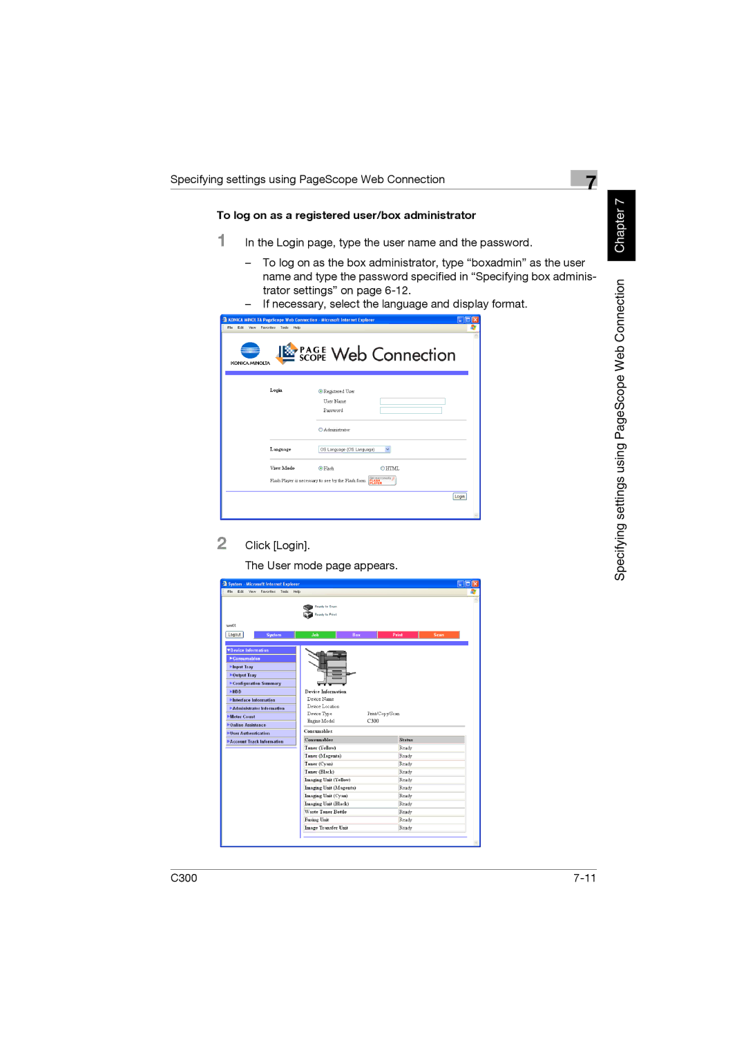 Konica Minolta bizhub C300 manual To log on as a registered user/box administrator 