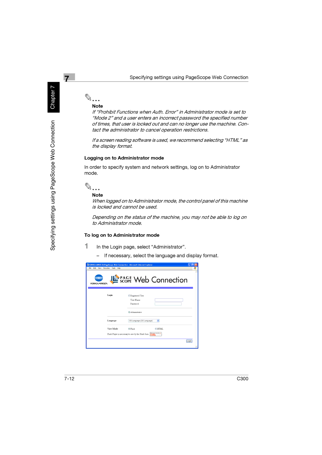 Konica Minolta bizhub C300 manual Logging on to Administrator mode, To log on to Administrator mode 