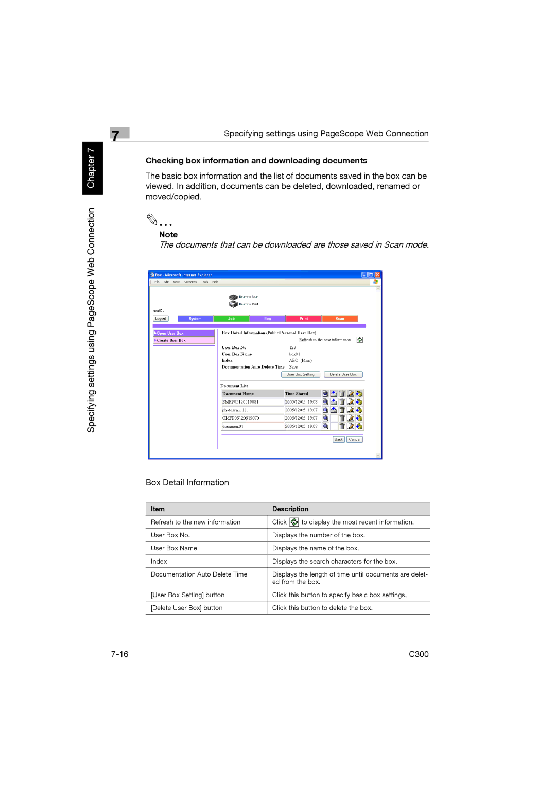 Konica Minolta bizhub C300 manual Checking box information and downloading documents, Box Detail Information 