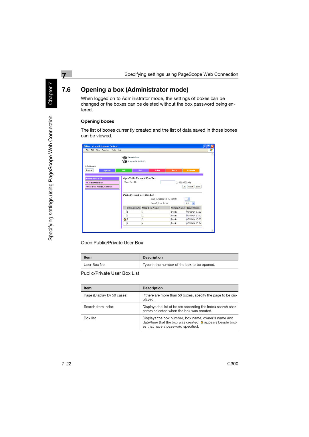 Konica Minolta bizhub C300 manual Opening a box Administrator mode, Public/Private User Box List 