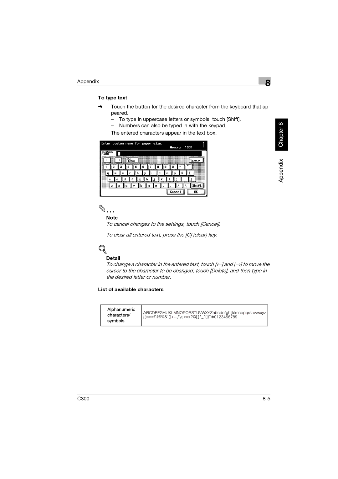 Konica Minolta bizhub C300 manual Alphanumeric characters/ symbols 