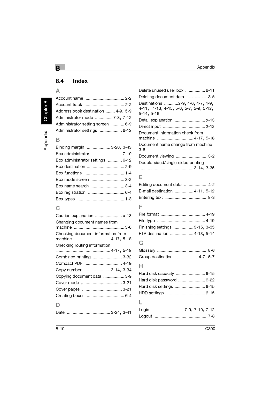 Konica Minolta bizhub C300 manual Index, Binding margin 