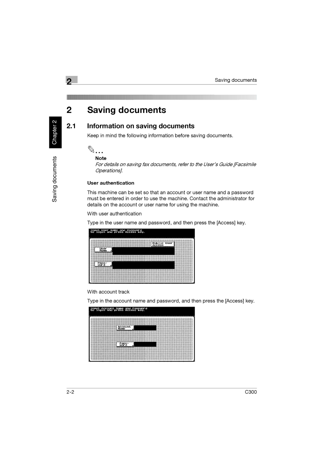 Konica Minolta bizhub C300 manual Information on saving documents, User authentication 