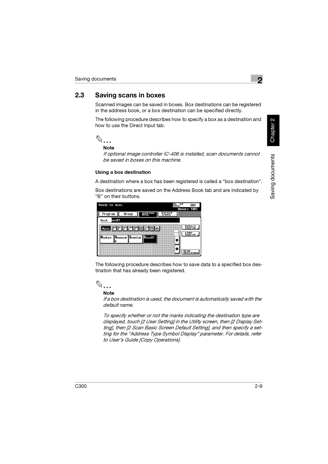 Konica Minolta bizhub C300 manual Saving scans in boxes, Using a box destination 