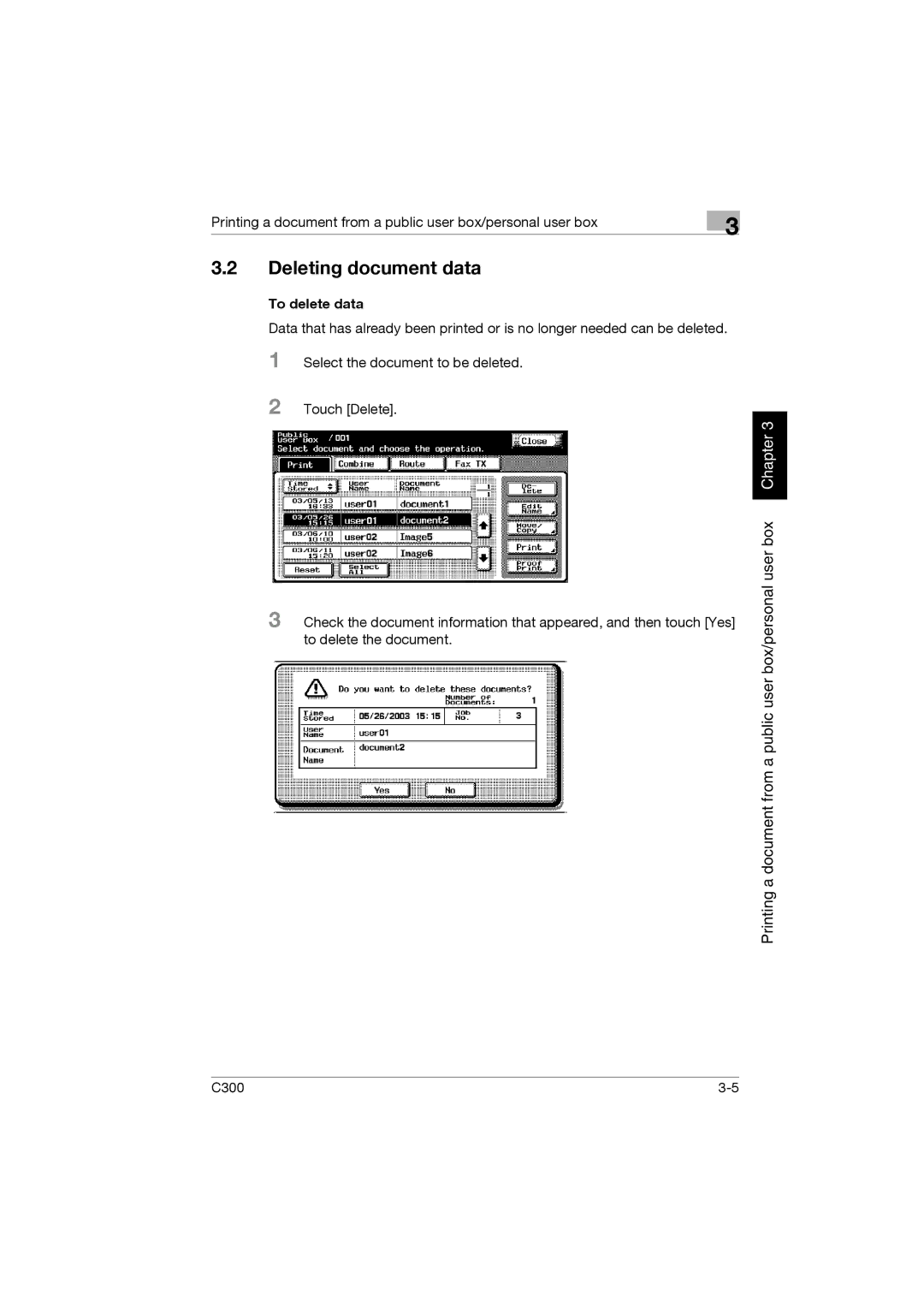 Konica Minolta bizhub C300 manual Deleting document data, To delete data 