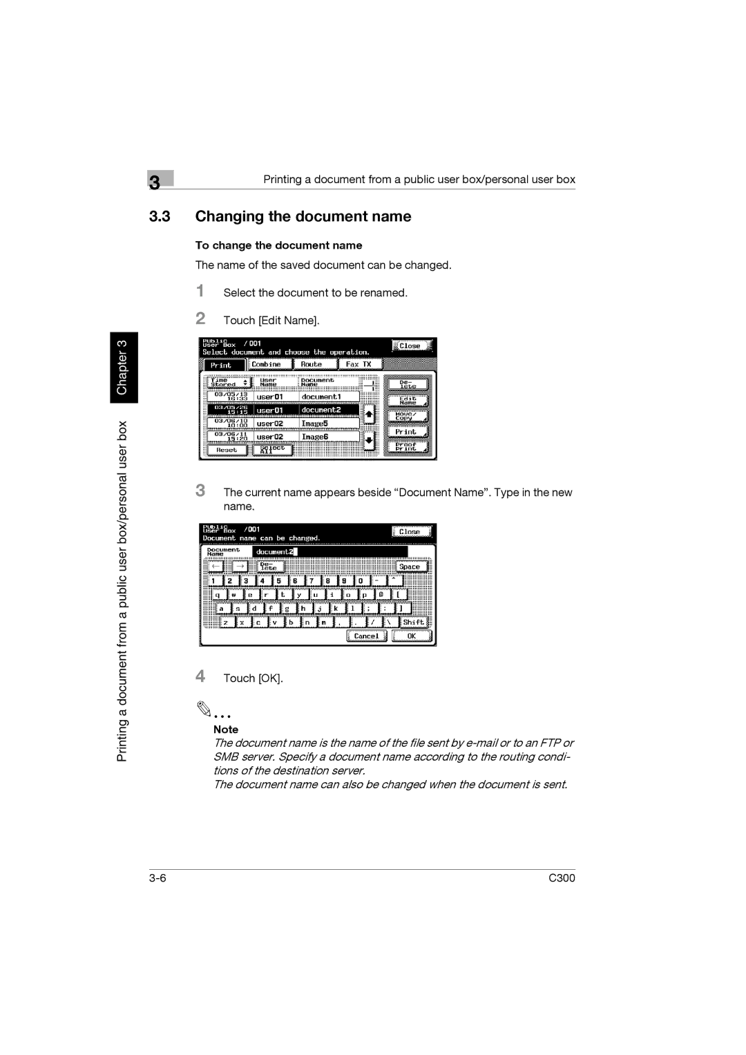 Konica Minolta bizhub C300 manual Changing the document name, To change the document name 