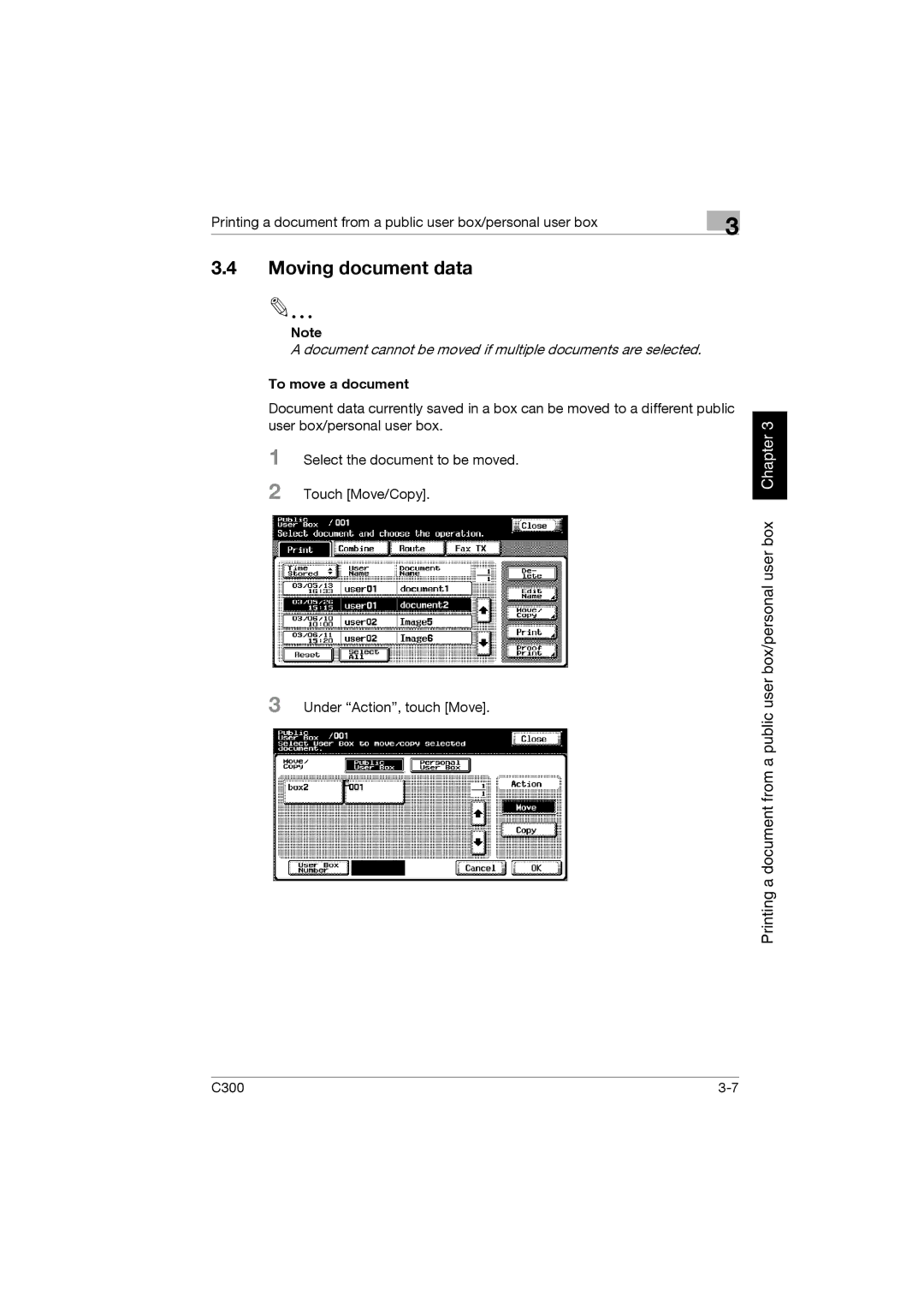 Konica Minolta bizhub C300 manual Moving document data, To move a document 