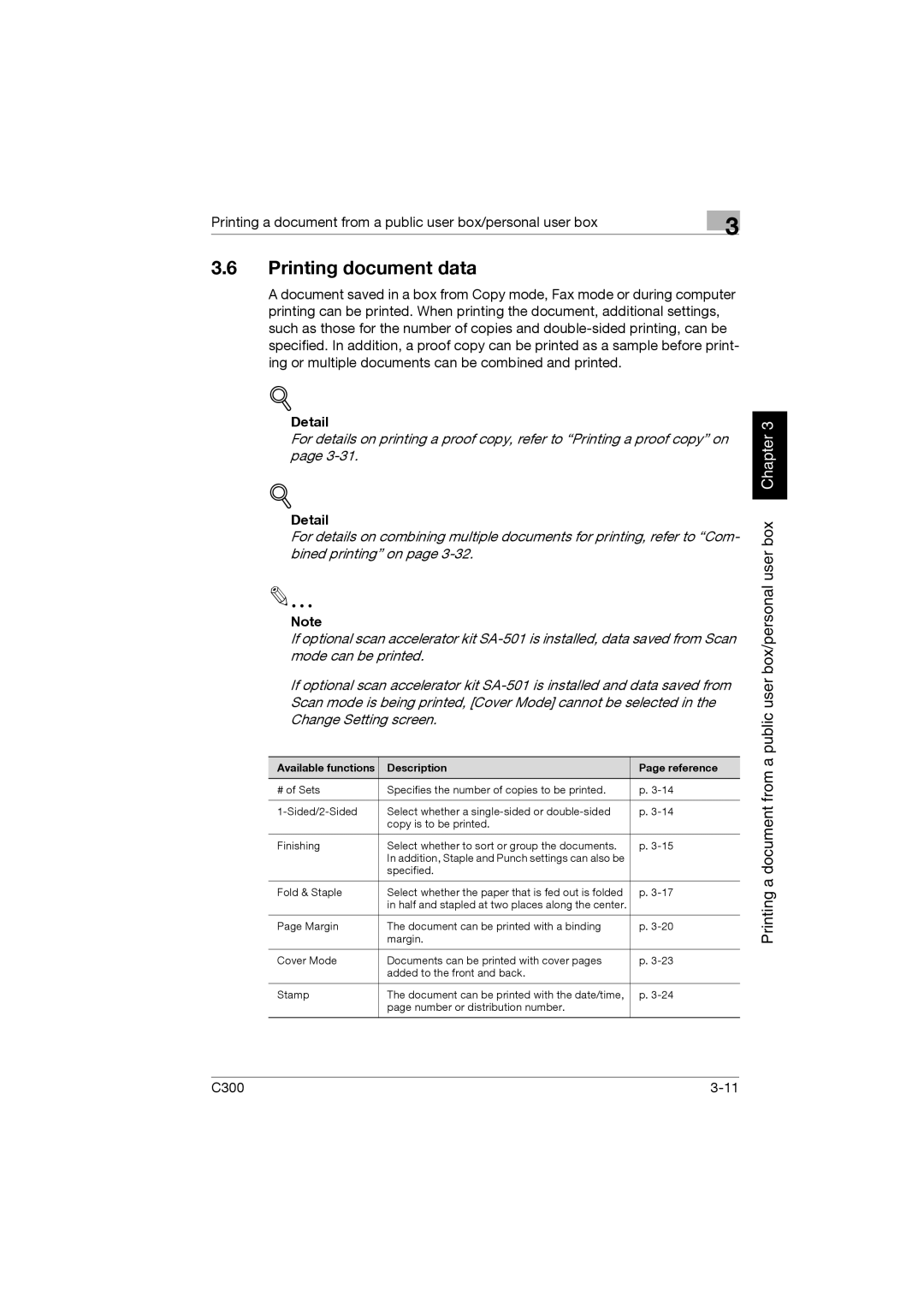 Konica Minolta bizhub C300 manual Printing document data, Available functions Description Reference 