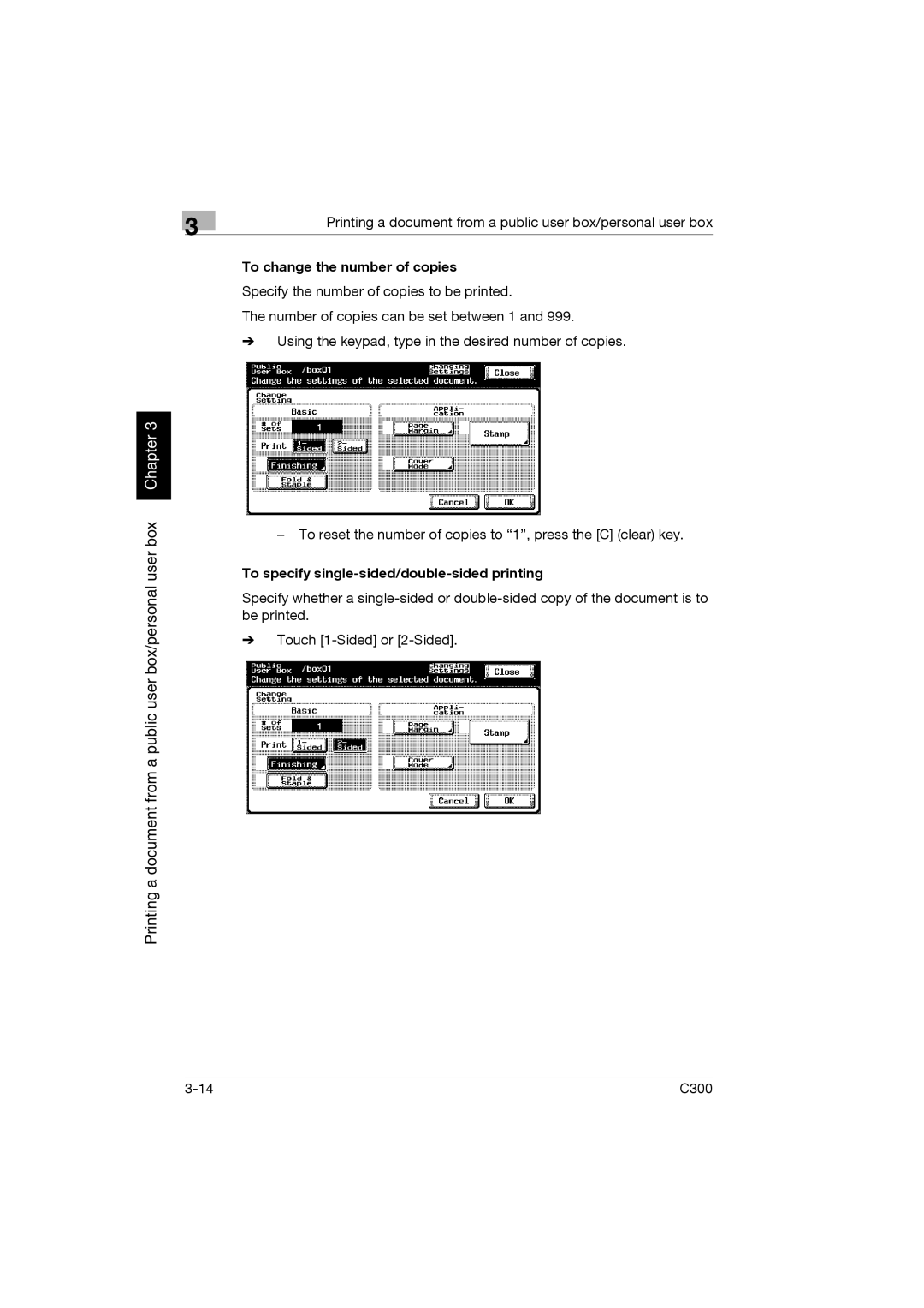 Konica Minolta bizhub C300 manual To change the number of copies, To specify single-sided/double-sided printing 