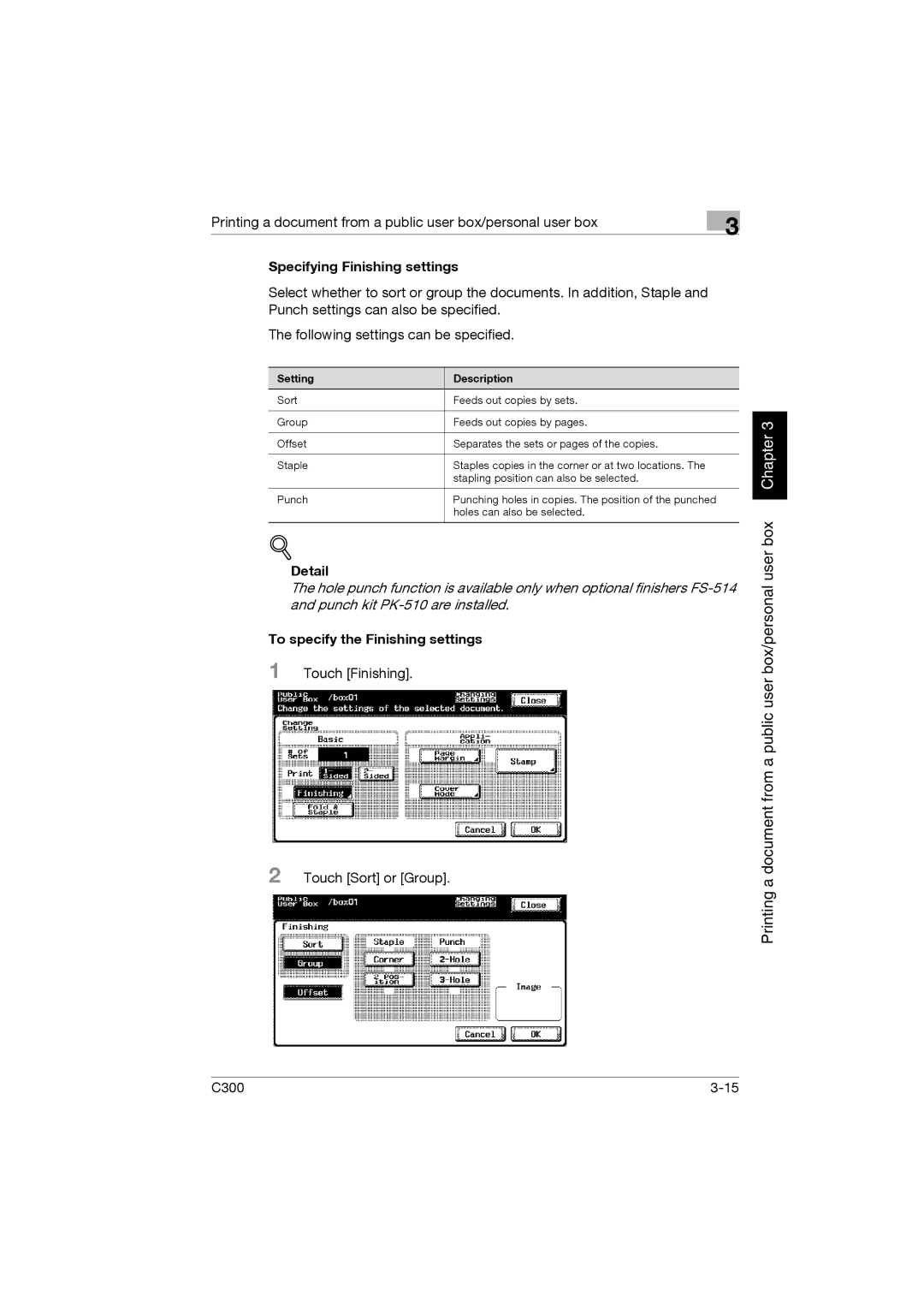 Konica Minolta bizhub C300 manual Specifying Finishing settings, To specify the Finishing settings, Setting Description 