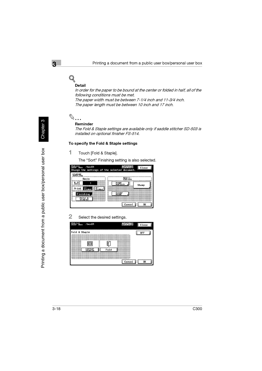 Konica Minolta bizhub C300 manual Detail, To specify the Fold & Staple settings 