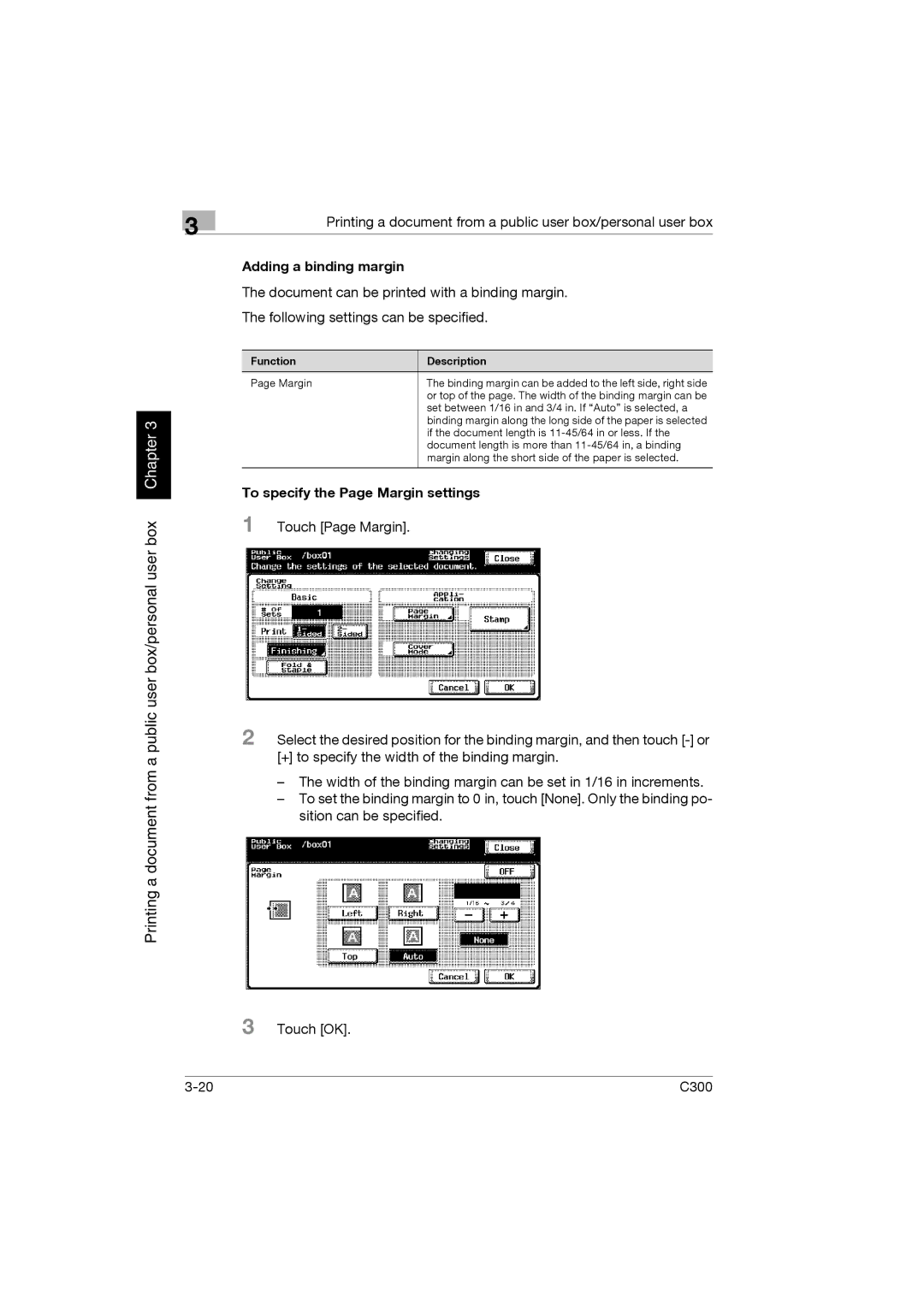 Konica Minolta bizhub C300 manual Adding a binding margin, To specify the Page Margin settings, Function Description 