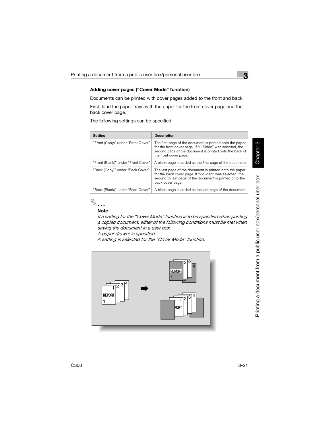 Konica Minolta bizhub C300 manual Adding cover pages Cover Mode function, Setting Description 