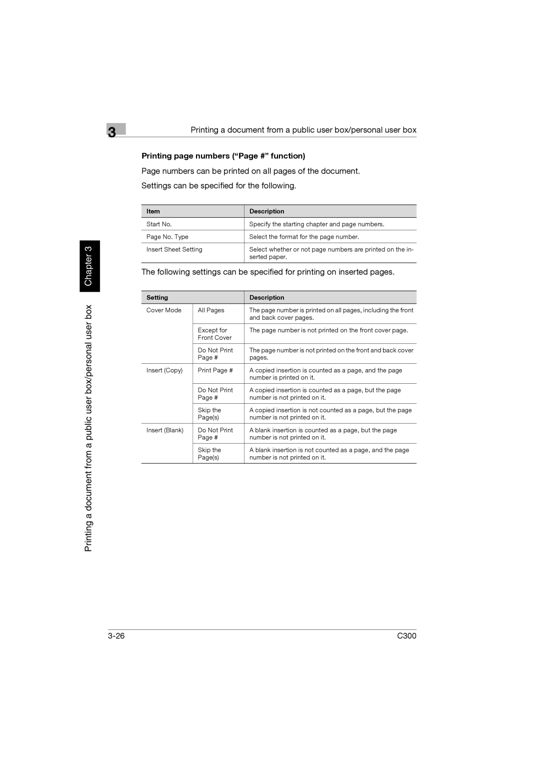 Konica Minolta bizhub C300 manual Printing page numbers Page # function 