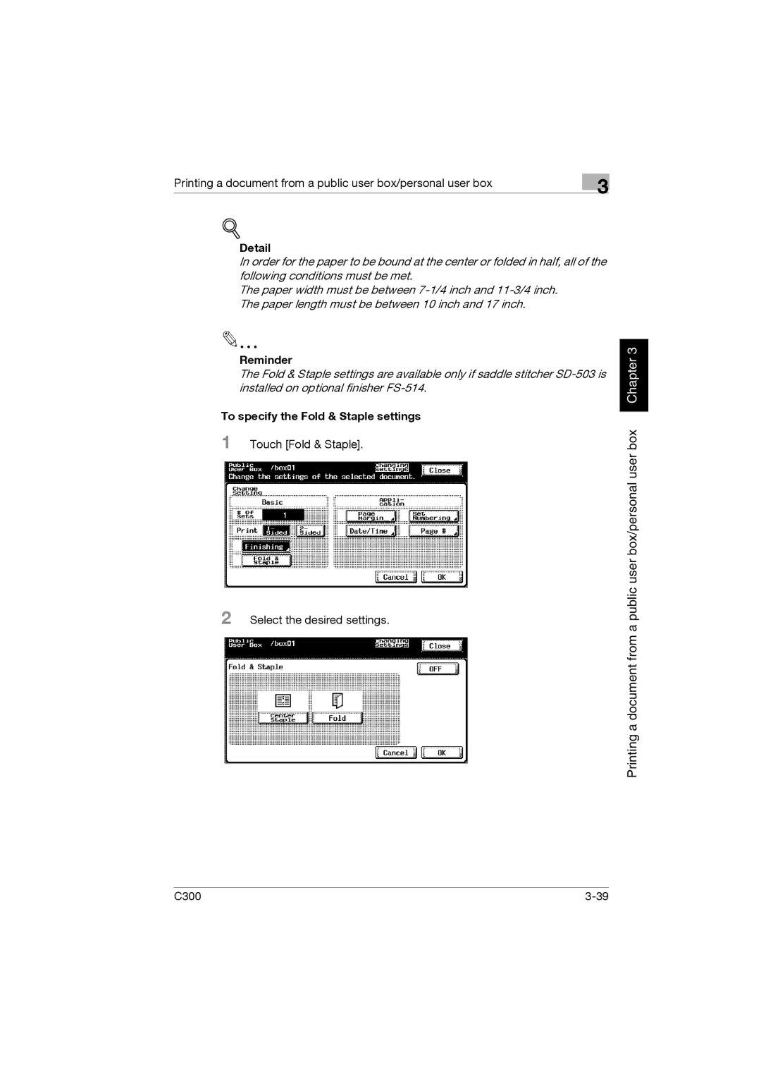 Konica Minolta bizhub C300 manual Touch Fold & Staple Select the desired settings 