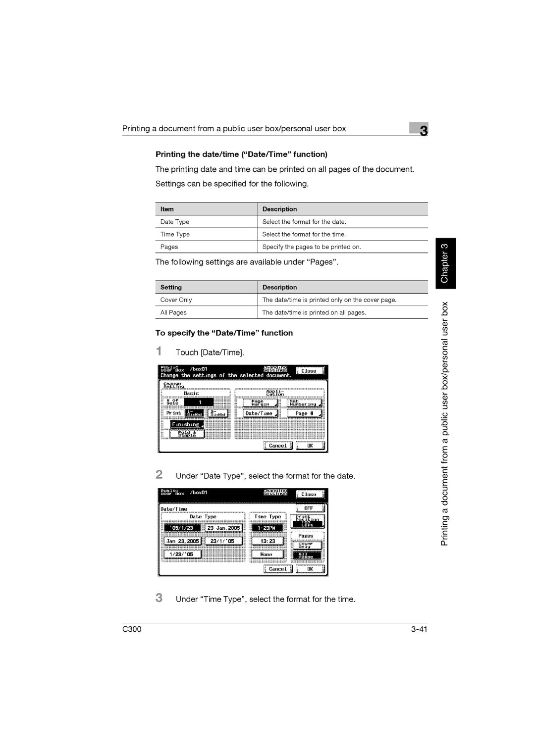 Konica Minolta bizhub C300 manual Printing the date/time Date/Time function 