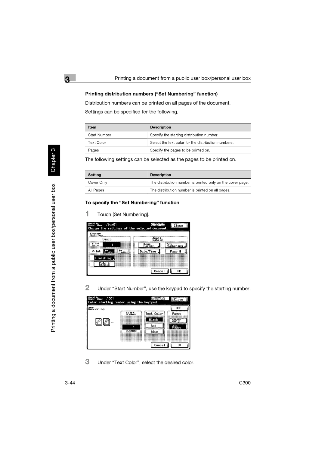 Konica Minolta bizhub C300 manual Printing distribution numbers Set Numbering function 