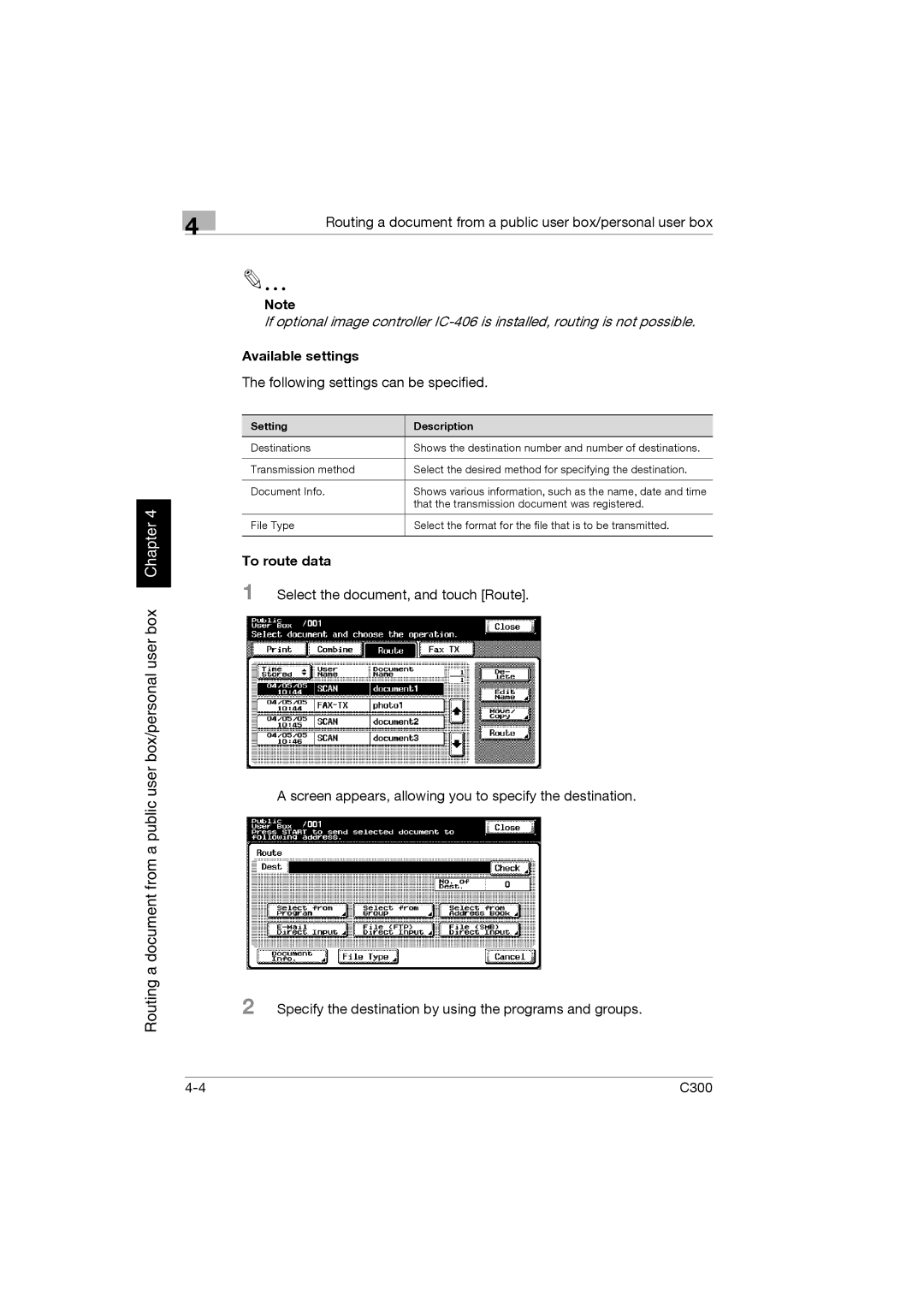Konica Minolta bizhub C300 manual Available settings, To route data 
