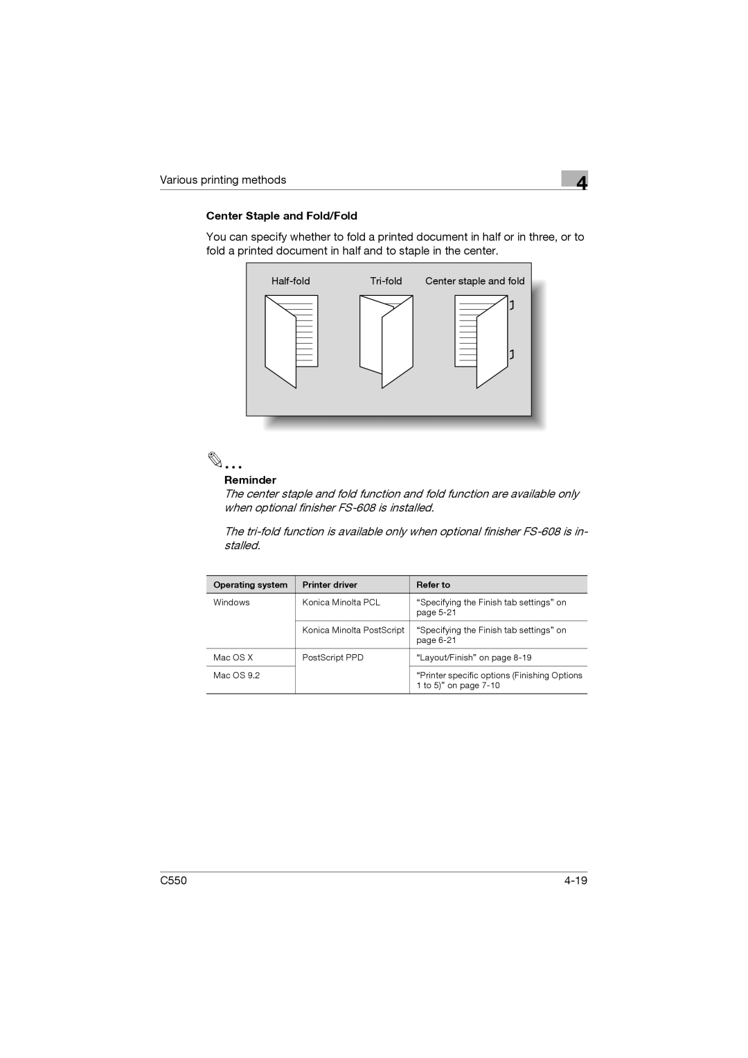 Konica Minolta bizhub C550 manual Center Staple and Fold/Fold 