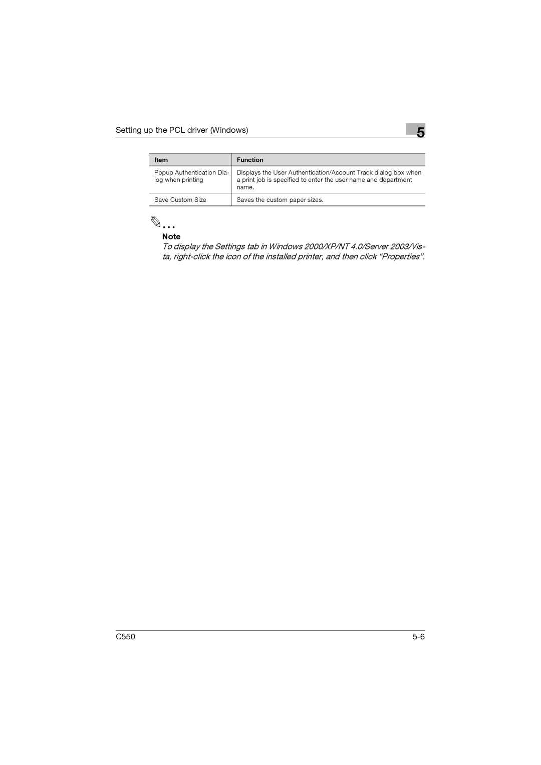 Konica Minolta bizhub C550 manual Setting up the PCL driver Windows 