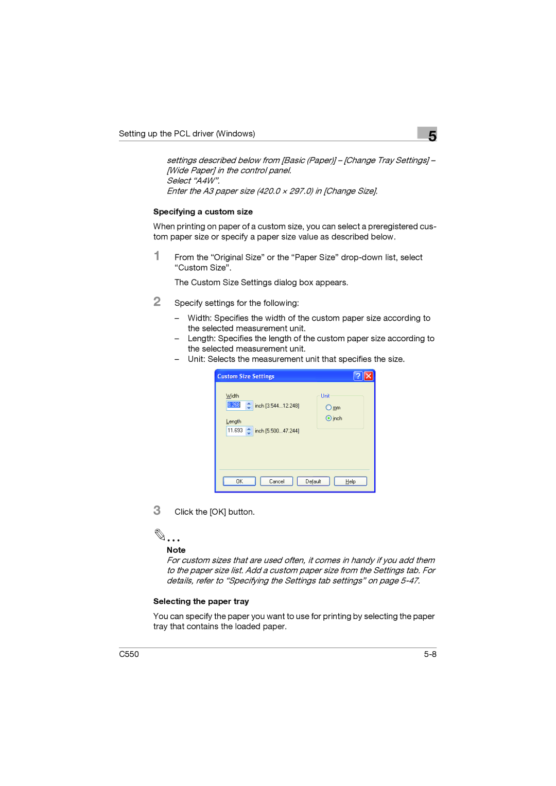 Konica Minolta bizhub C550 manual Specifying a custom size, Selecting the paper tray 