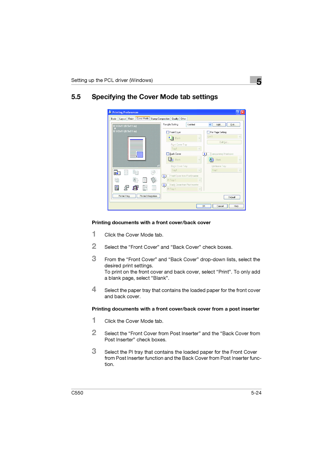 Konica Minolta bizhub C550 manual Specifying the Cover Mode tab settings, Printing documents with a front cover/back cover 