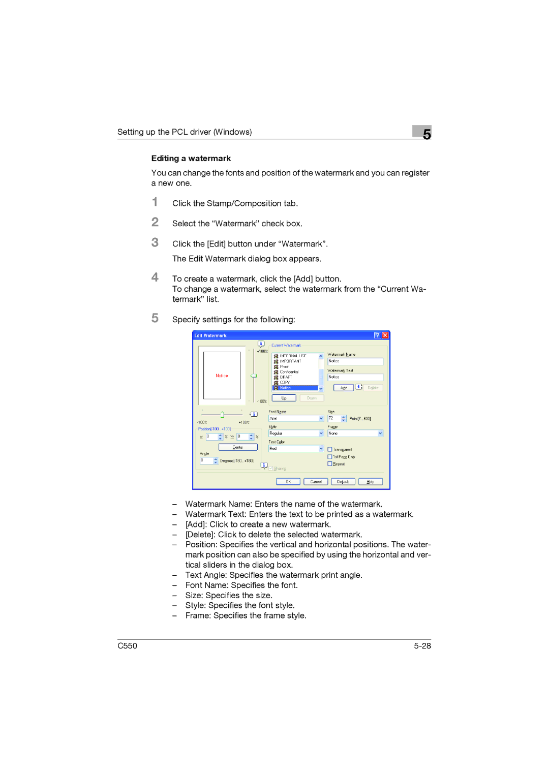 Konica Minolta bizhub C550 manual Editing a watermark 