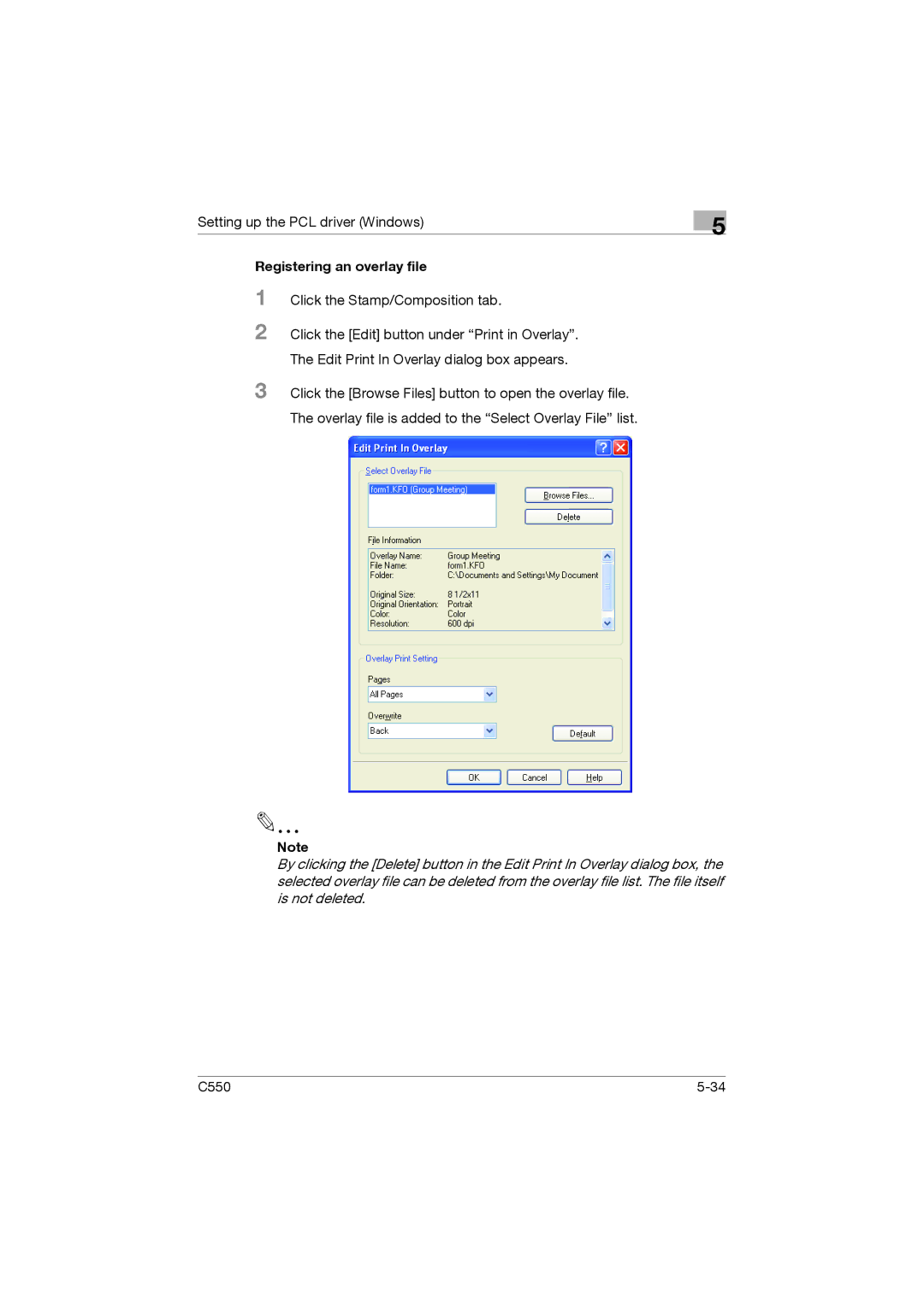 Konica Minolta bizhub C550 manual Registering an overlay file 