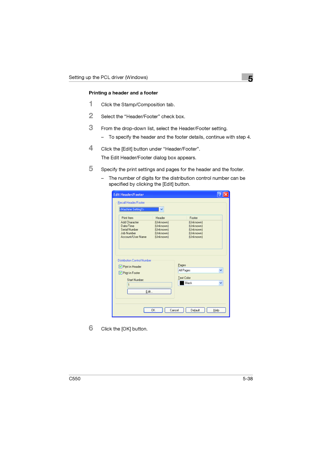 Konica Minolta bizhub C550 manual Printing a header and a footer 