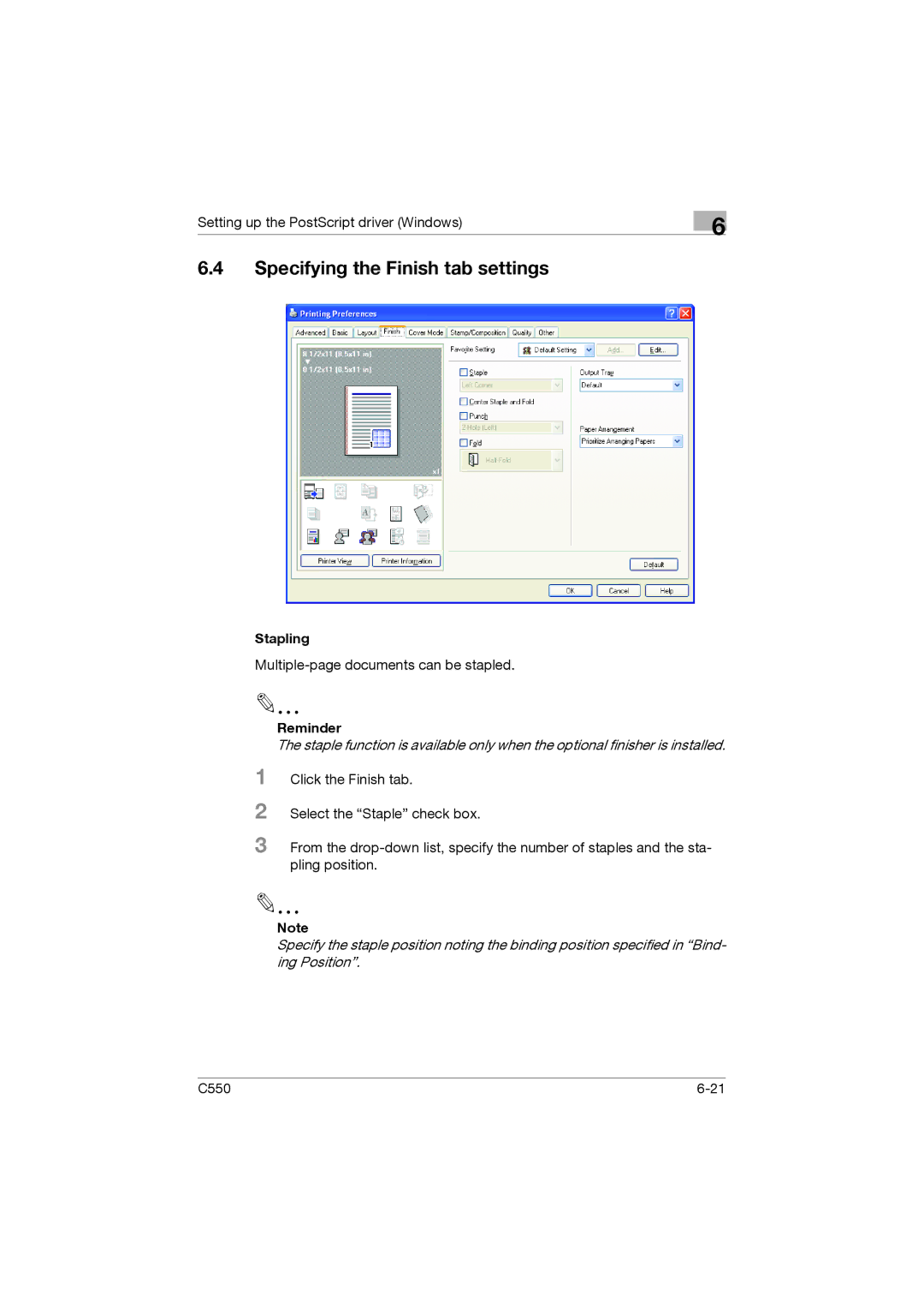 Konica Minolta bizhub C550 manual Specifying the Finish tab settings 