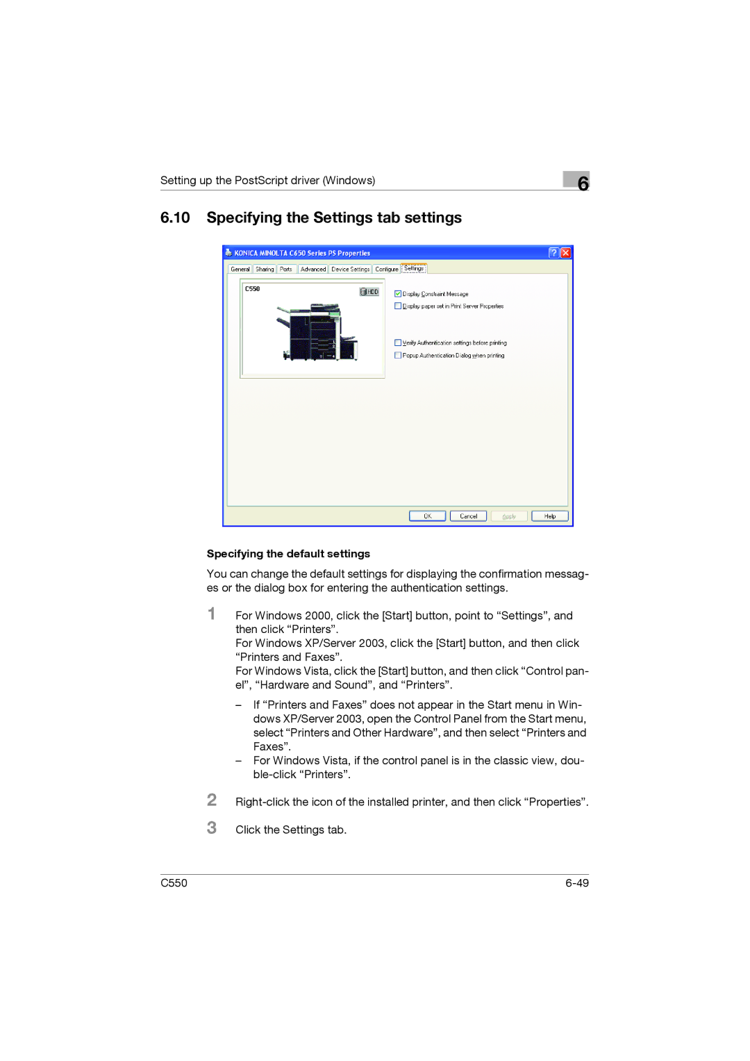 Konica Minolta bizhub C550 manual Specifying the Settings tab settings 