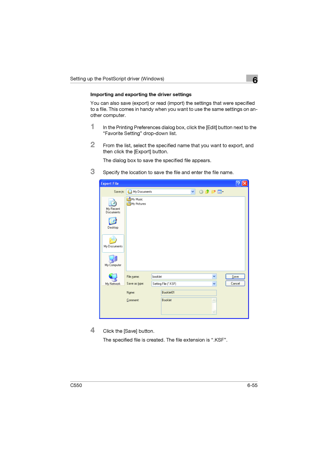 Konica Minolta bizhub C550 manual Importing and exporting the driver settings 