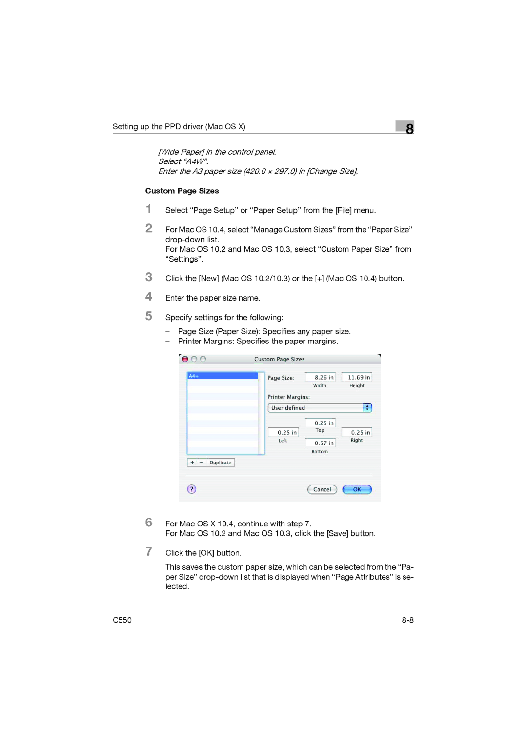 Konica Minolta bizhub C550 manual Custom Page Sizes 