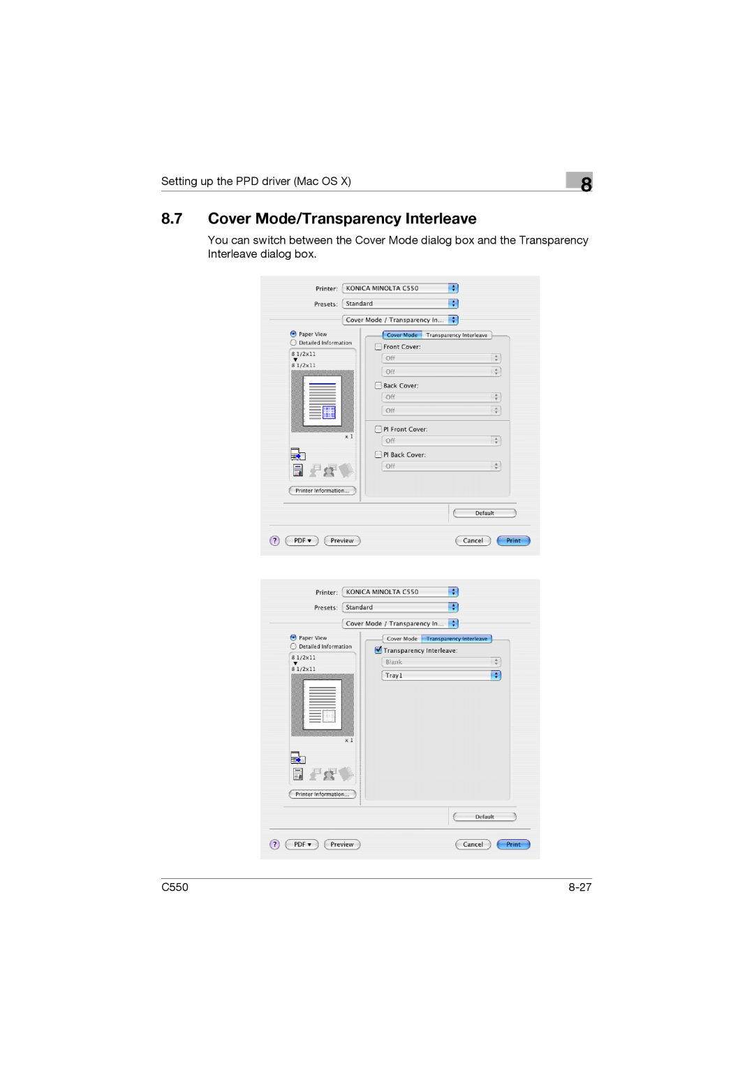 Konica Minolta bizhub C550 manual Cover Mode/Transparency Interleave 