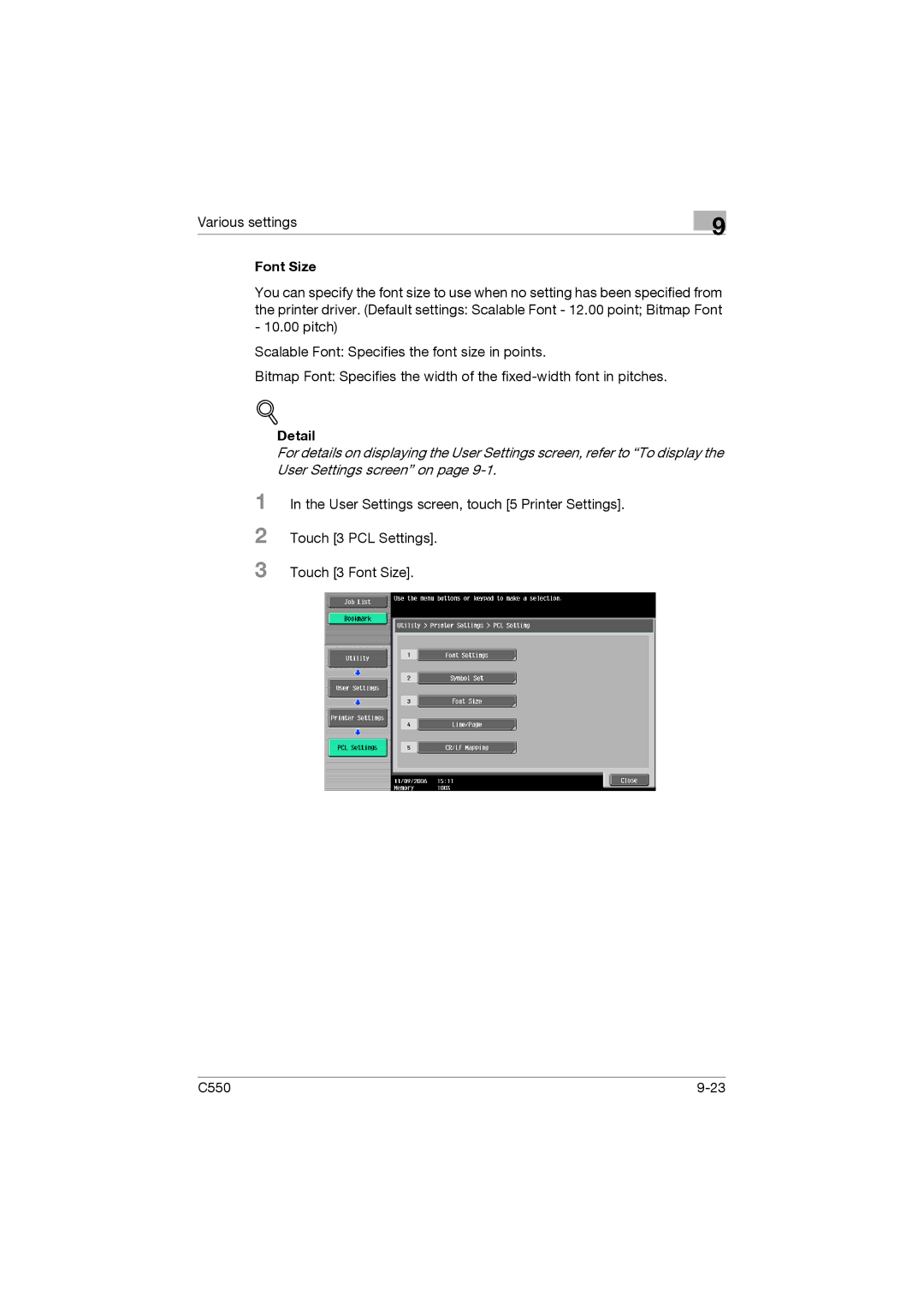 Konica Minolta bizhub C550 manual Font Size 