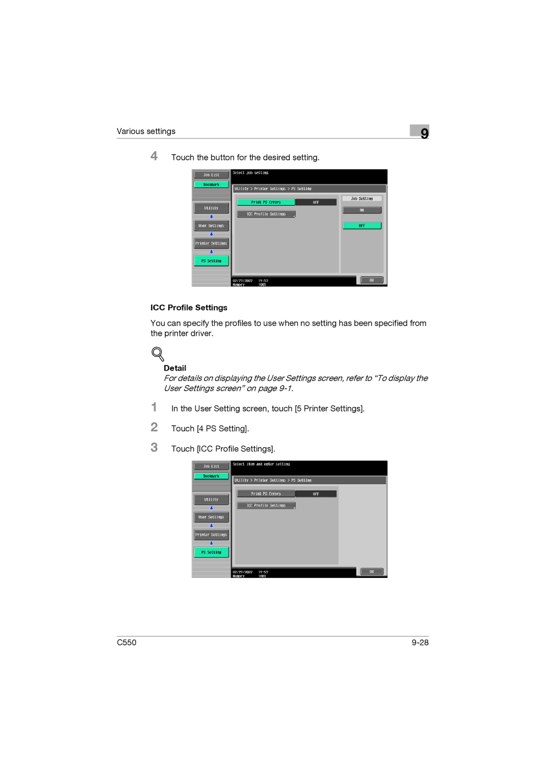 Konica Minolta bizhub C550 manual ICC Profile Settings 