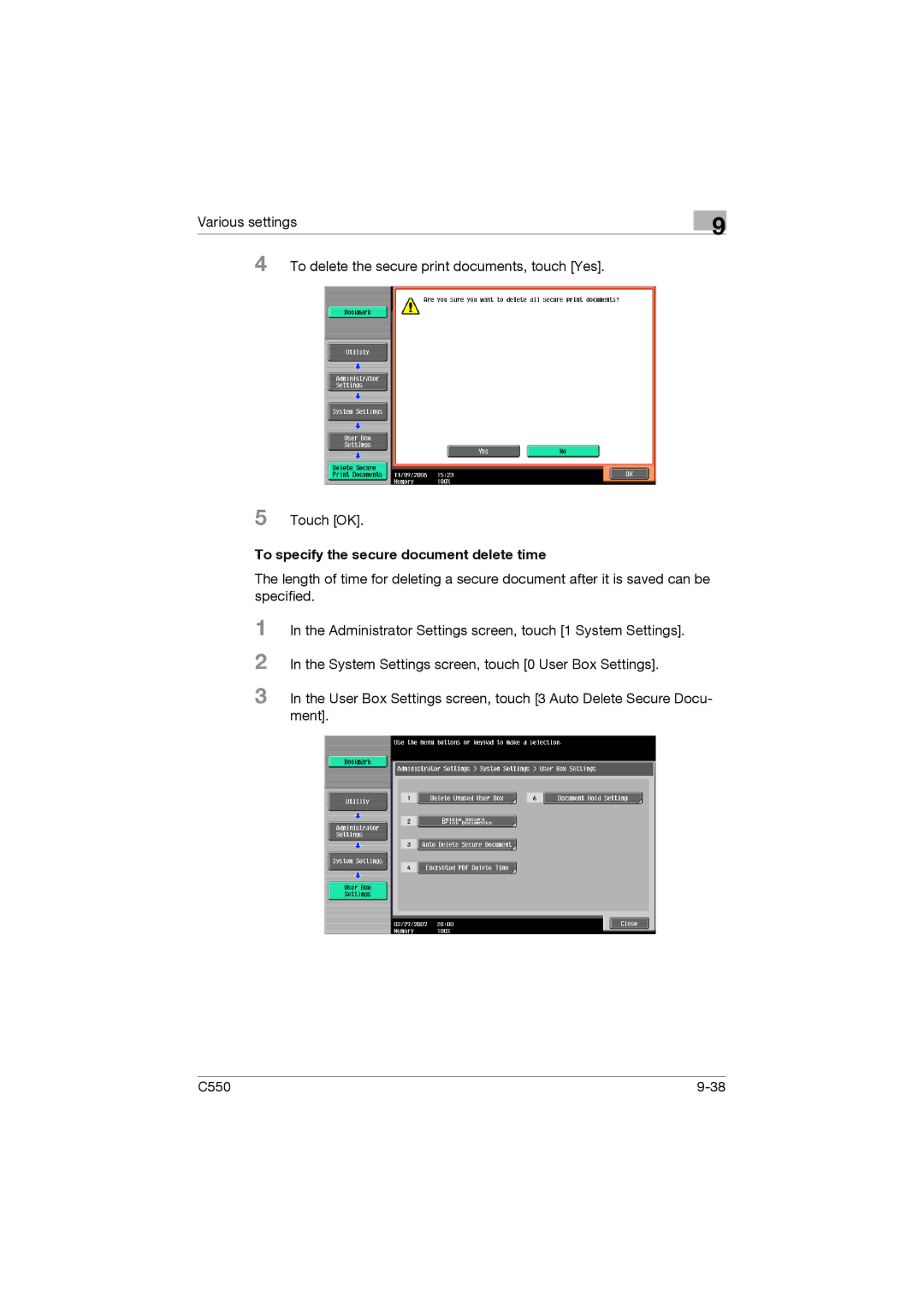 Konica Minolta bizhub C550 manual To specify the secure document delete time 