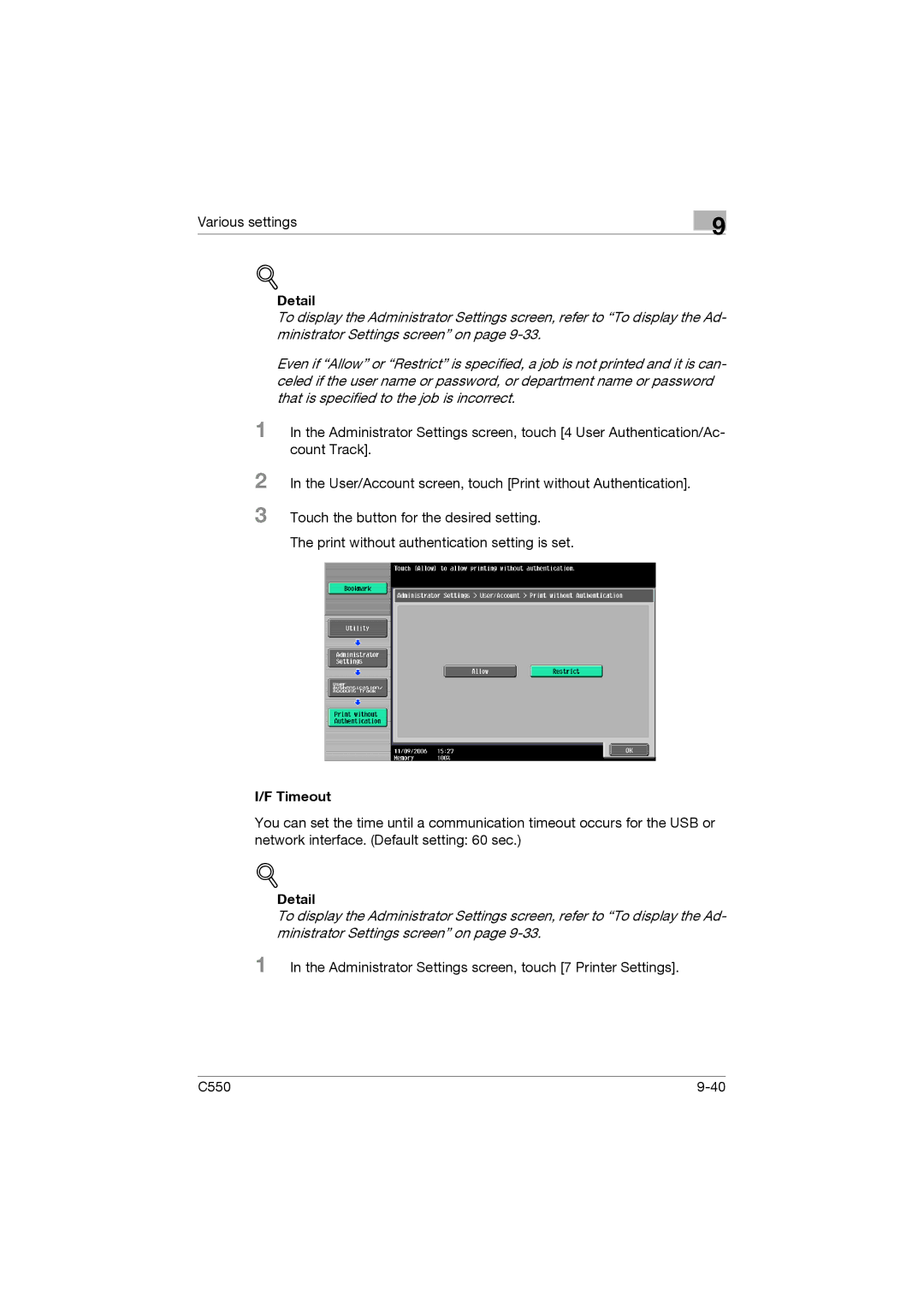 Konica Minolta bizhub C550 manual Detail, Timeout 