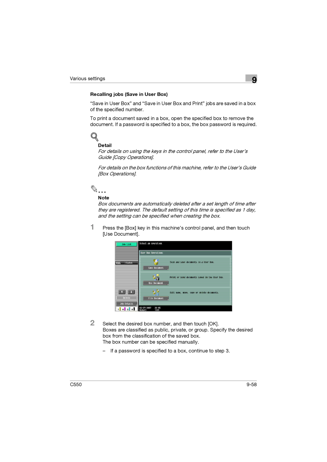 Konica Minolta bizhub C550 manual Recalling jobs Save in User Box, Detail 