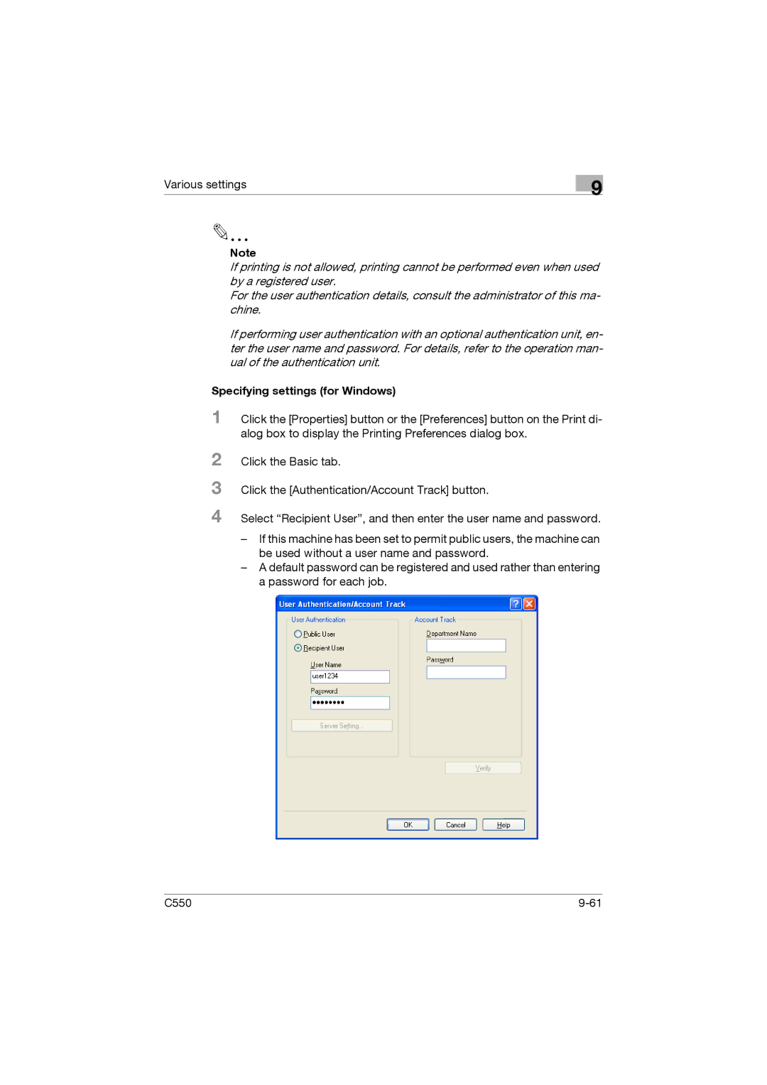 Konica Minolta bizhub C550 manual Specifying settings for Windows 