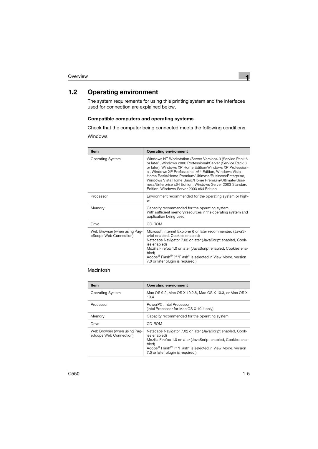 Konica Minolta bizhub C550 manual Operating environment, Compatible computers and operating systems 