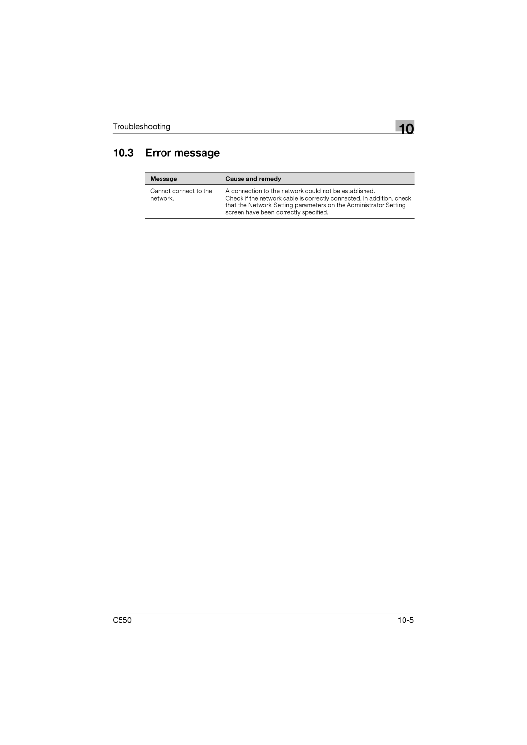 Konica Minolta bizhub C550 manual Error message, Message Cause and remedy 