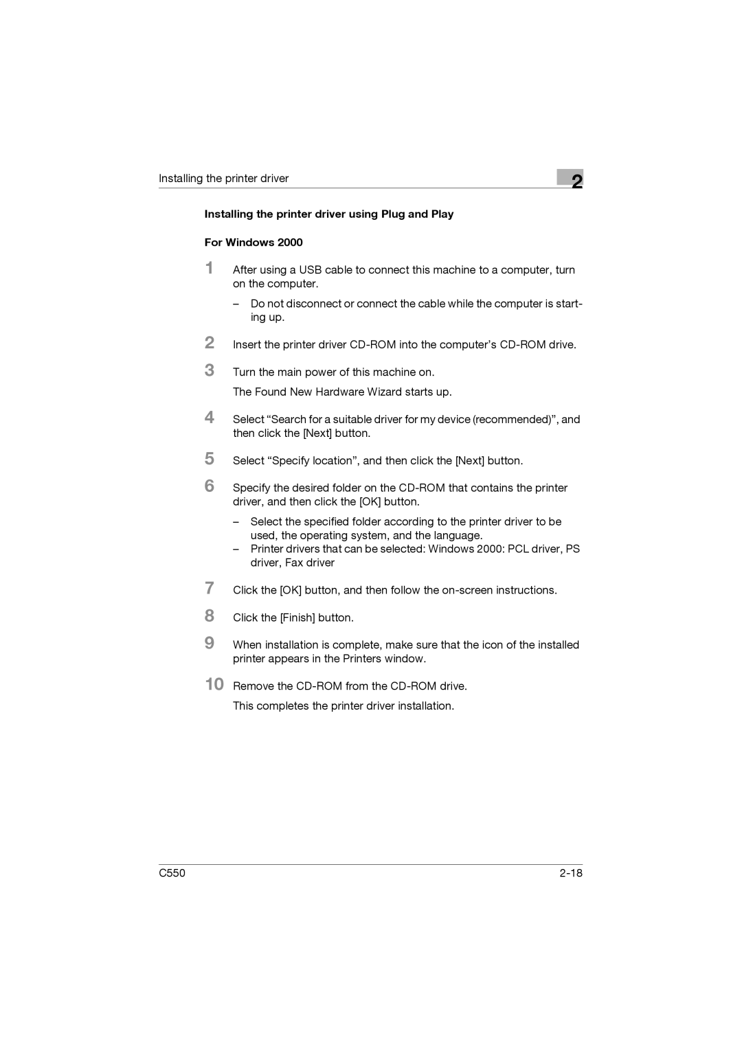 Konica Minolta bizhub C550 manual Installing the printer driver 