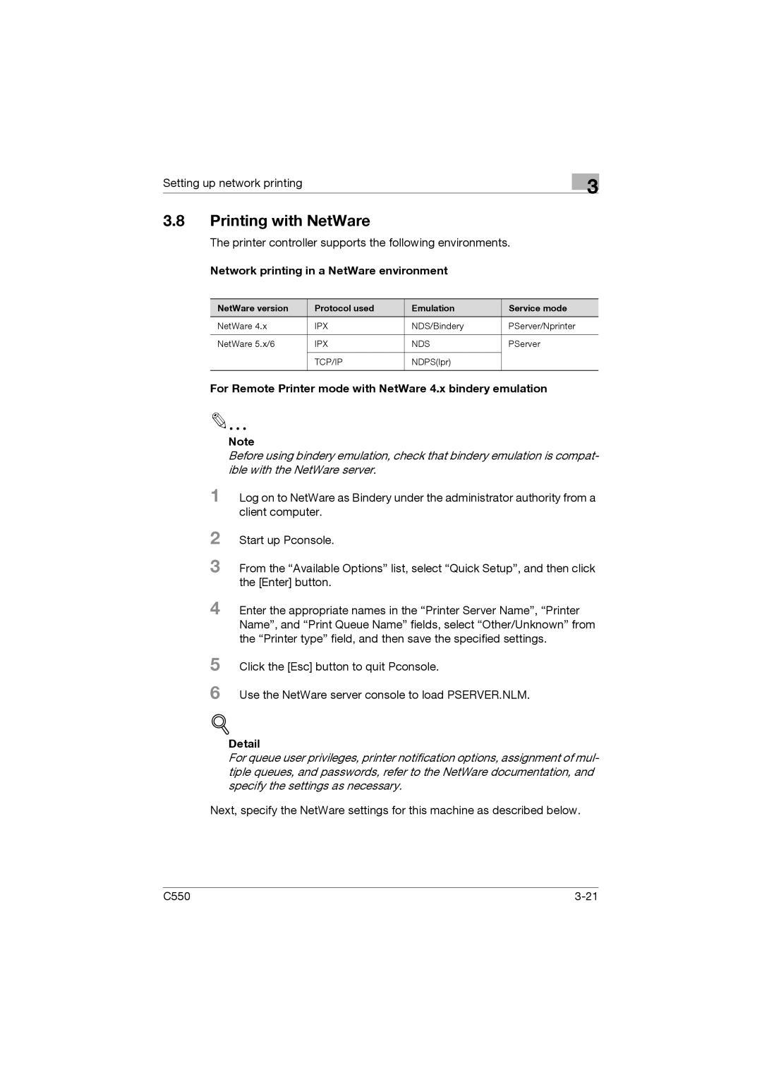 Konica Minolta bizhub C550 manual Printing with NetWare, For Remote Printer mode with NetWare 4.x bindery emulation 