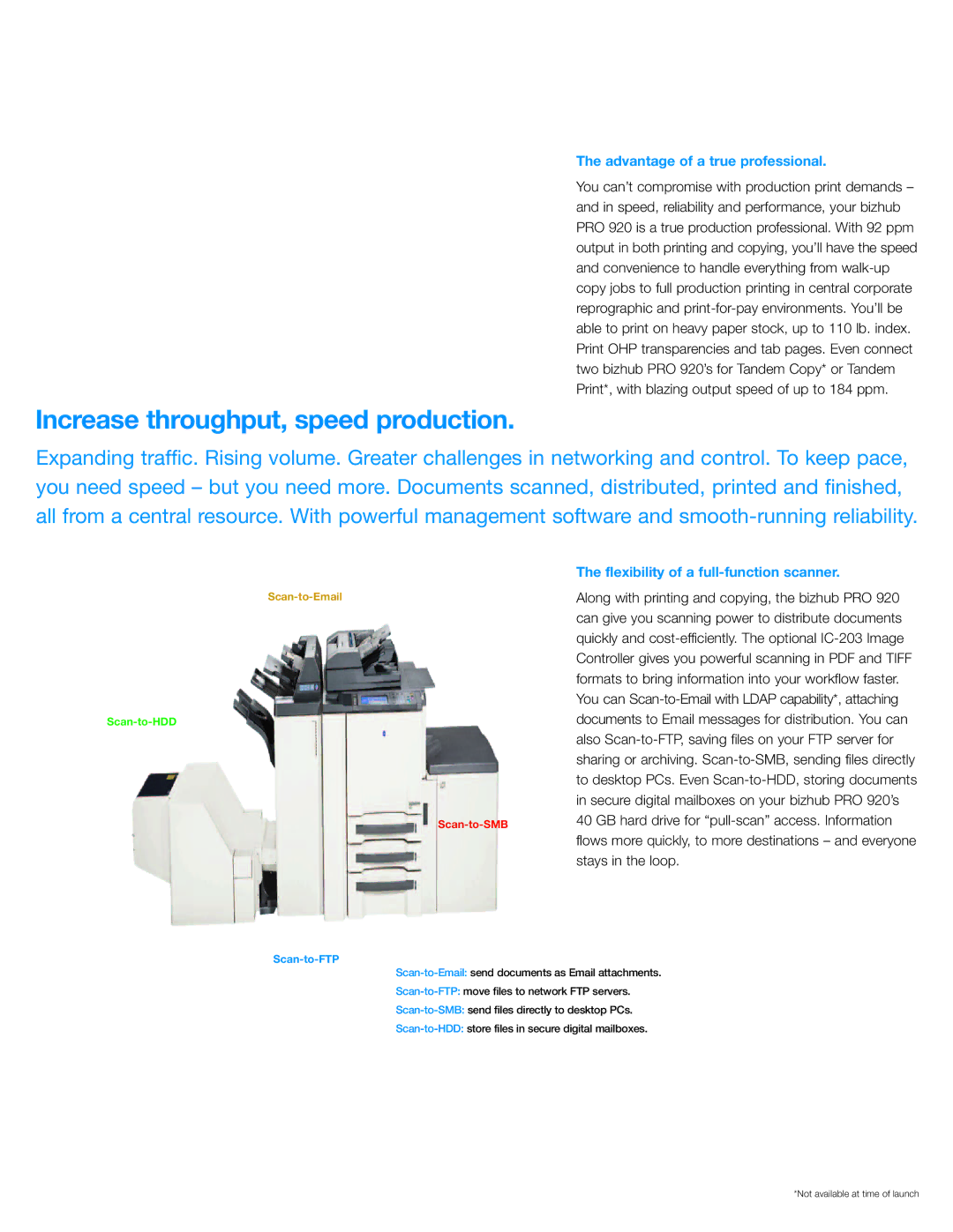 Konica Minolta bizhubPRO920 manual Increase throughput, speed production, Advantage of a true professional 