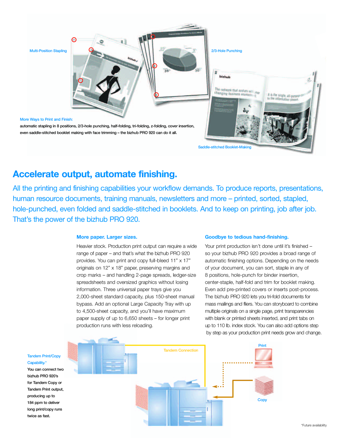 Konica Minolta bizhubPRO920 manual Accelerate output, automate finishing, More paper. Larger sizes 