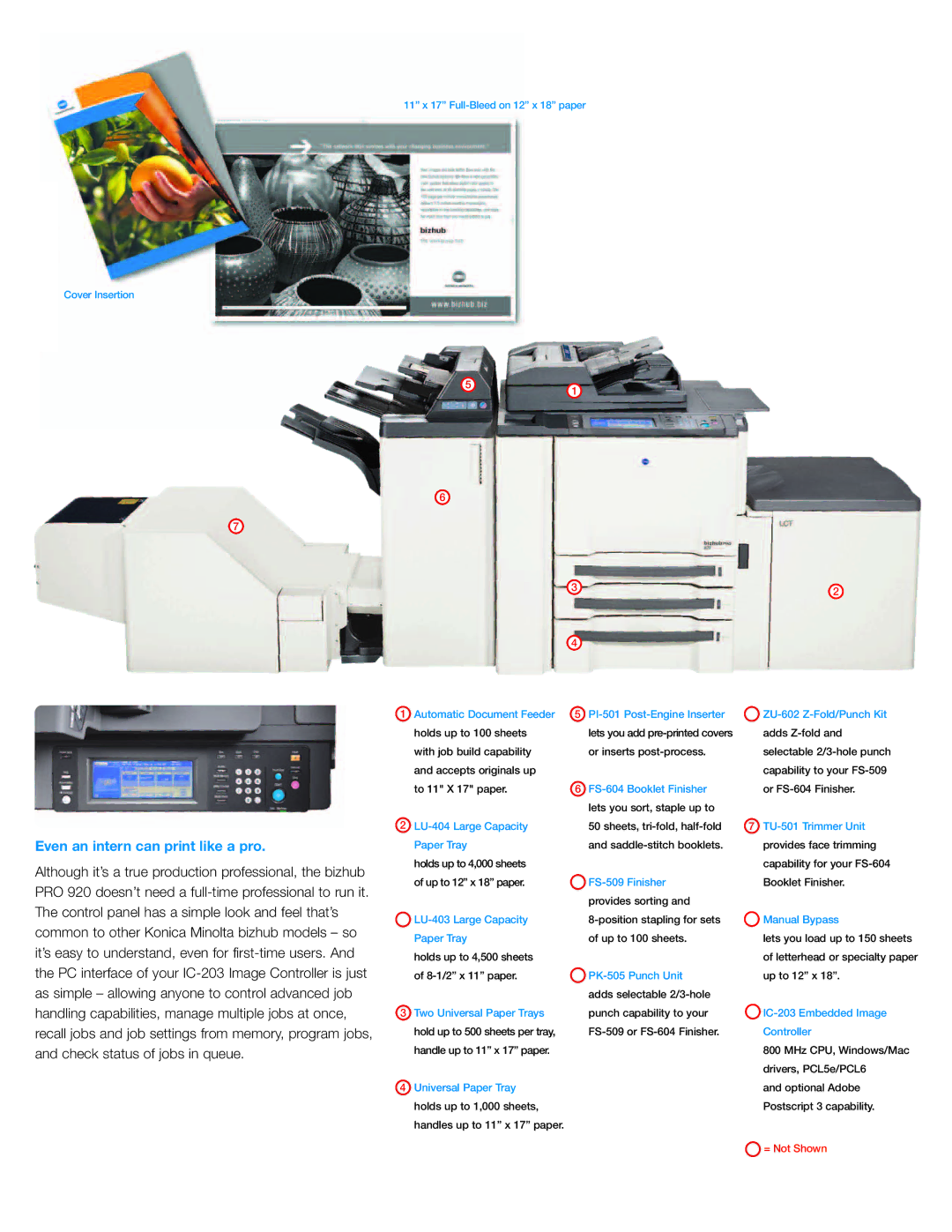 Konica Minolta bizhubPRO920 manual Even an intern can print like a pro, 11 x 17 Full-Bleed on 12 x 18 paper Cover Insertion 