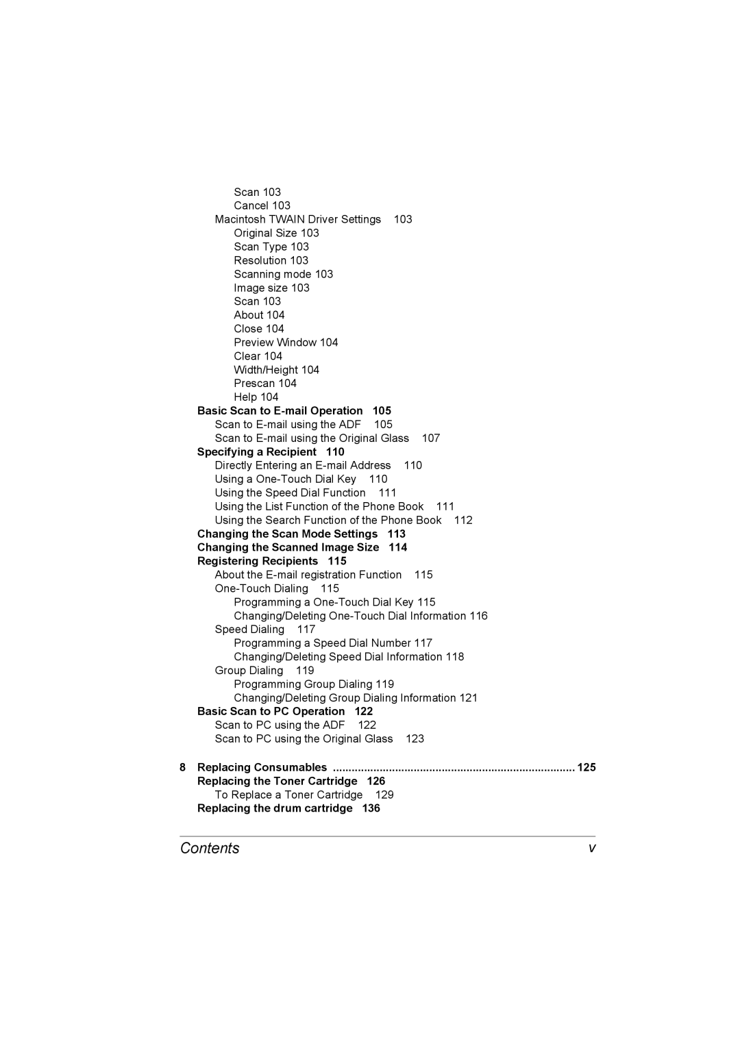 Konica Minolta C10 manual Basic Scan to E- mail Operation 105, Specifying a Recipient 110, Basic Scan to PC Operation 122 