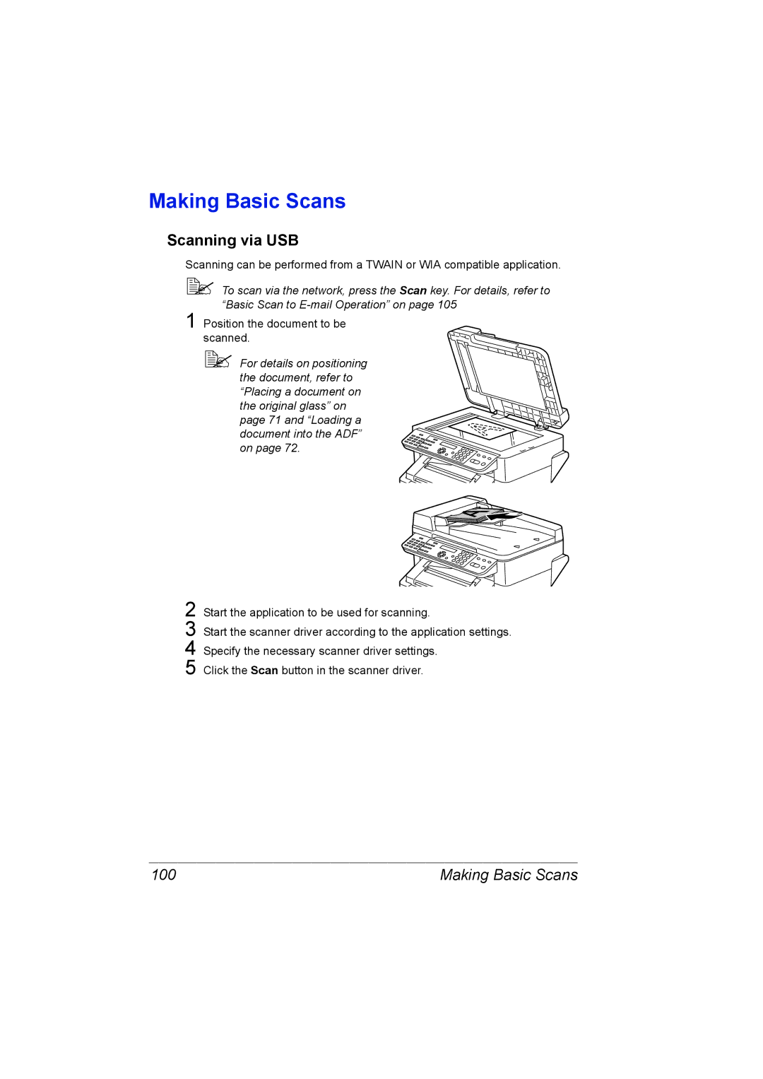 Konica Minolta C10 manual Making Basic Scans, Scanning via USB, 100 