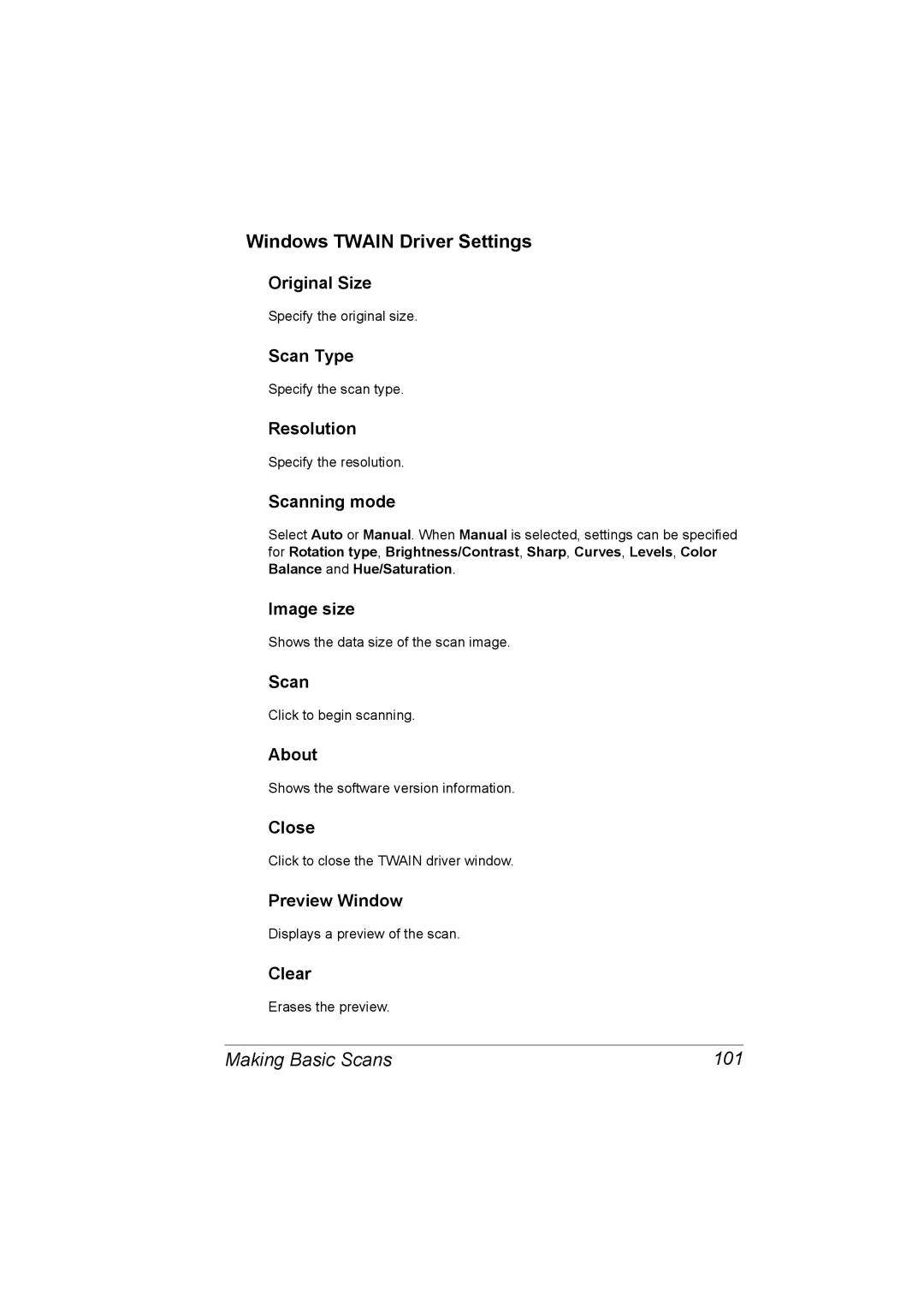 Konica Minolta C10 manual Windows Twain Driver Settings, Making Basic Scans 101 